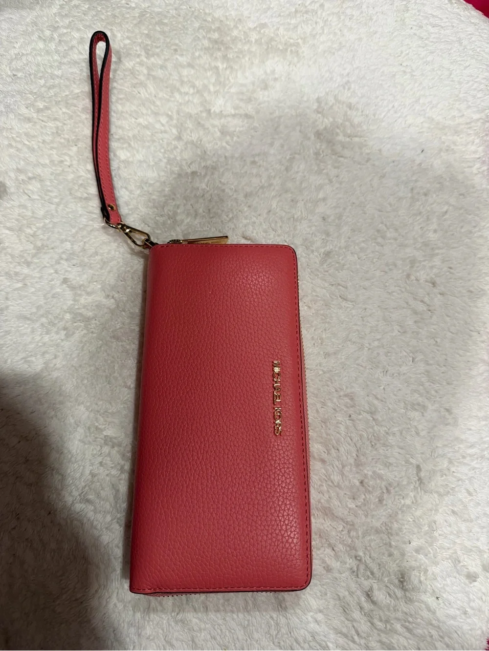 Michael Kors Coral Pink Pebbled Leather Wristlet Wallet